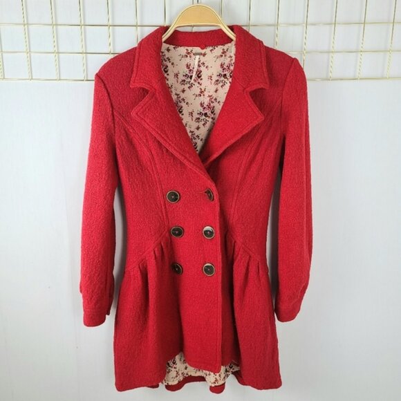Free People Poppy Red Boiled Wool Blend Boucle Double-Breasted Coat - Picture 2 of 8